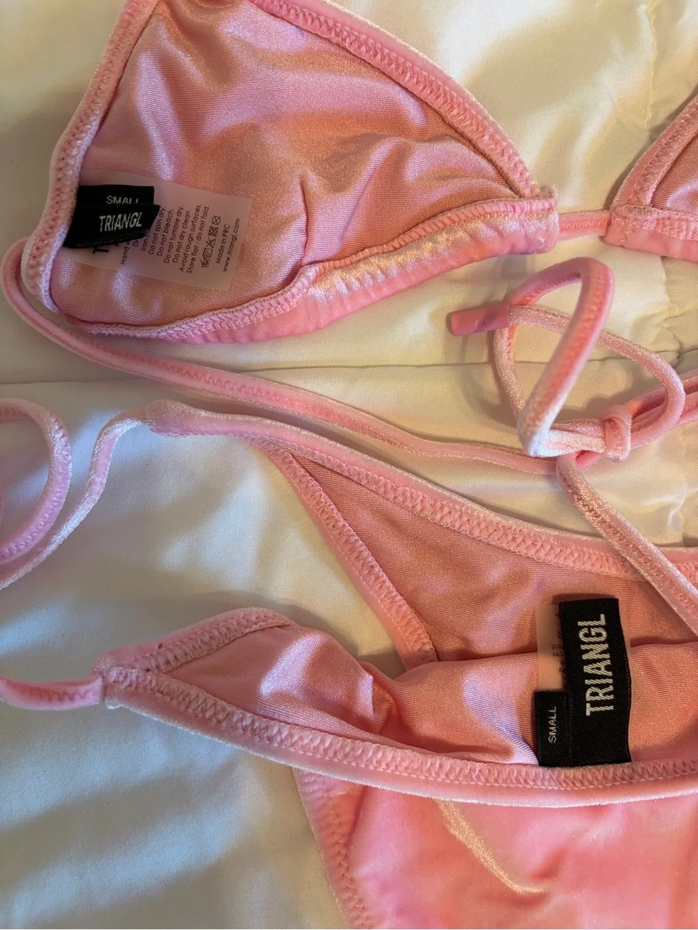 triangl swimwear Vinca Pink Candy Velvet Triangle Tie Bikini Set